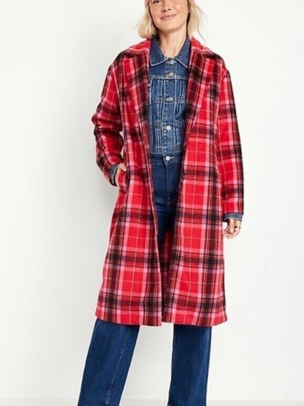 Plaid Red and Pink Long Coat - Old Navy